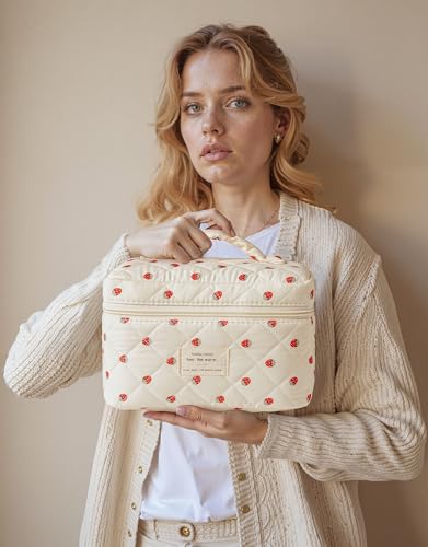 HBselect Quilted Makeup Bag, 3PCS Cotton Large Travel Makeup Bag, Cute Floral Coquette Make up Bag Cosmetic Bag Toiletry Bag for Women Girls - color: A-3PCS-Floral 15