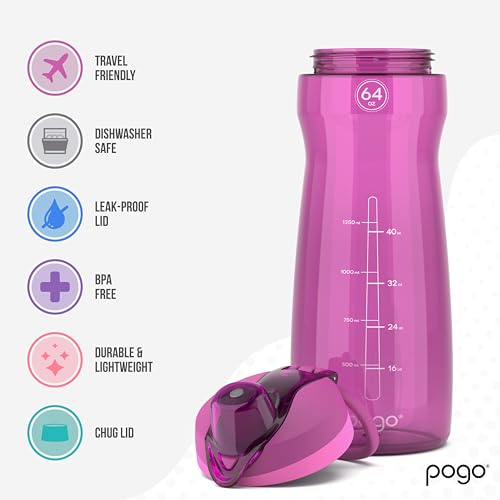 Pogo 64oz Plastic Water Bottle with Leak-Proof Chug Lid and Carry Handle, Reusable, BPA Free, Capacity Markings, Dishwasher Safe, Perfect for Travel, School, Outdoors, and Gym, Fuchsia - color: Fuchsia, size: 64 Ounces