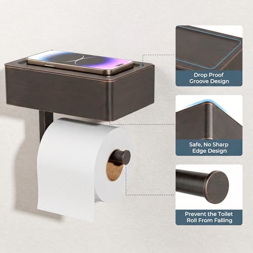FORIOUS Toilet Paper Holder with Shelf, Sanitary Napkin Receptacle Tampon Holder, Wall Mount Toilet Paper Holder with Storage, Flushable Wipes Dispenser Fits for Bathroom Commercial(1, ORB) - color: Oil Rubbed Bronze, size: 1 Pack-8" (L)
