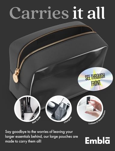 Embla Clear Cosmetic Bag Makeup Case, Clear Zipper Make Up Pouch and Toiletry Travel Tote, Cute Skincare Pouches for Women Girls, Preppy Purse Cosmetic Organizer, Large Makeup Bags, Black | Large Black Clear Nylon/PVC Cosmetic Bag with Zipper, Waterproof