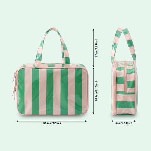 Travel Toiletry Bag for Women, Waterproof Clear Coated Portable Stripe Makeup Cosmetic Bag with Compartment, Travel Organizer for Shampoo, Conditioner, Brushes Set,Cosmetic Accessories(Pink-Green) - color: Green-Pink
