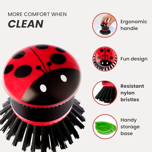 Vigar Ladybug Dish Scrub Brush with Holder, Kitchen Scrub Brush for Dishes, Dish Scrubber, Sink Brush, Dishwashing Brush and Vegetable Scrubber for Household Cleaning - Ladybug - color: Green