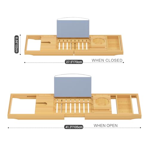 Sen Yi Bao Luxury Bamboo Bathtub Tray - Wooden Expandable Caddy with Book, Tablet, Wine Holder - Gift Idea