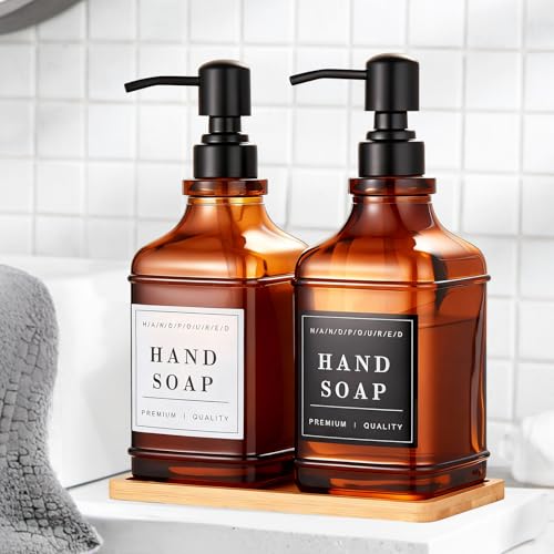 Amber Glass Soap Dispenser with Pump,Tray,Funnel, Countertop Soap and Lotion Dispenser Set of 2 with 60 Stickers, Dish and Hand Soap Dispenser Bottle for Kitchen,Bathroom,Shower,500ml/16.9oz - color: Blk-5070-2b