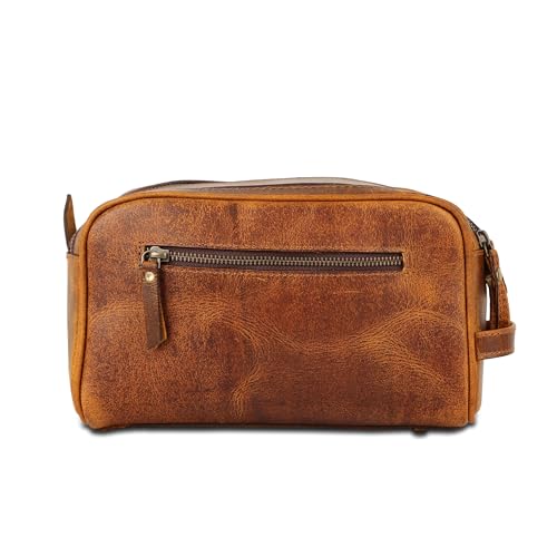 KomalC Travel Toiletry Bag – Premium Leather Dopp Kit for Men & Women with Water-Resistant Lining & Spacious Zippered Organizer - style: 1 Zip Classic Tan