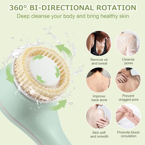 Electric Body Bath Brush, Rechargeable Back Scrubber for Shower, Long Handle Exfoliating Bath Brush for Shower, Lotion Applicator for Back, Silicone Body Scrubber with 6 Shower Brush Heads