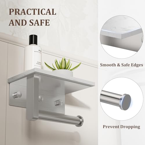 BWE Brushed Nickel Toilet Paper Holder with Marble Shelf, Toilet Paper Roll Holder Wall Mounted, Toilet Paper Roll Holder with Phone Shelf 304 Stainless Steel Tissue Holder for Bathroom Washroom - color: Brushed Nickel