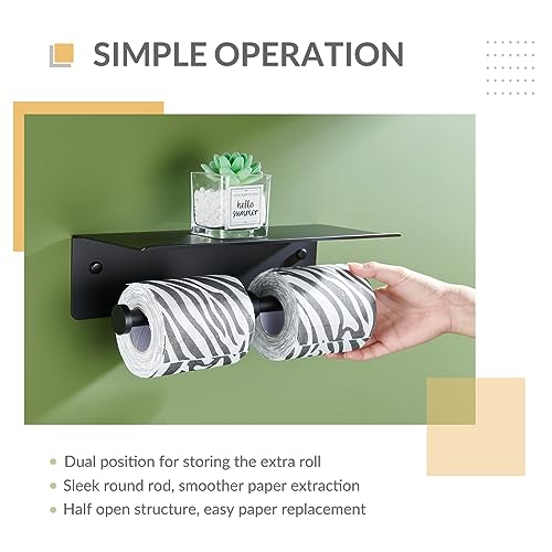 Toilet Paper Holder with Phone Shelf, APLusee SUS 304 Stainless Steel Bathroom Tissue Holder, Double Roll Paper Dispenser Wall Mounted, Matte Black - color: Matte Black, size: Double Rod