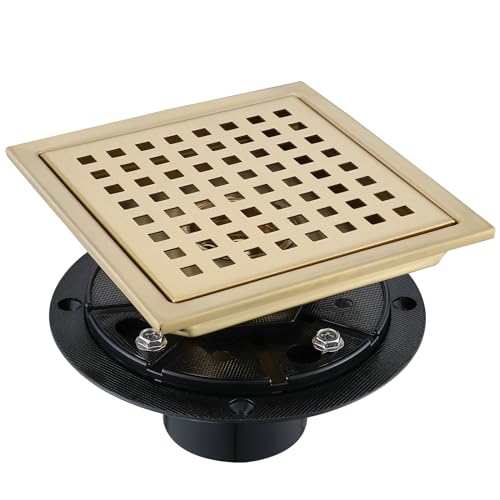 6 Inch Square Shower Floor Drain, Stainless Steel Black Shower Drain Kit with Flange, Floor Drain with Removable Grid Cover,Brushed Gold - color: Brushed Gold, size: 6 inch-Grid