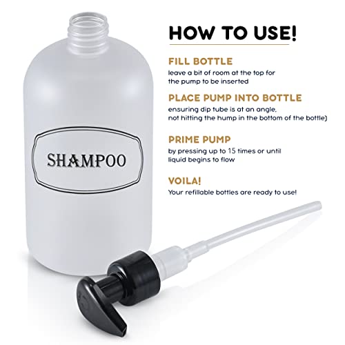 16 oz Plastic Shampoo Conditioner Wash Dispensers (Frosted) | pump bottles, lotion pumps, high-viscosity, clear matte finish, shower containers - color: Clear/White/Black
