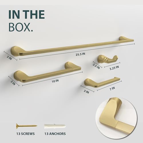 Mega Handles Bathroom Towel Holder Set - 4 Pieces Bathroom Accessories Sets - Heavy Duty Bathroom Accessory Set, 25'' Towel Bar, Robe Hooks & Toilet Paper Holder Wall Mounted - Satin Brass Bath Suite - color: Satin Brass