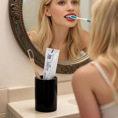 Glossy Black Ceramic Toothbrush Holders for Bathroom Countertop, 2 Pack | Compact cylinder saves counter space on sinks, vanities, shelves, and guest baths. - size: 2pcs