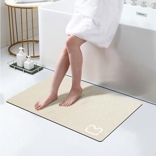 RUERYA Diatomaceous Earth Bath Mat Super Absorbent Diatomite Stone Bath Mats for Bathroom Non Slip Rubber Backed Quick Drying Thin Bathroom Rugs Floor Mat, Machine Washable, 17" x 27.5", Beige - color: Beige, size: 1'5" x 2'4" (Rectangular)