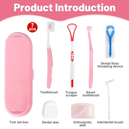 7-in-1 Travel Oral Care Kit with Case – Toothbrush, Tongue Scraper, Wisdom Toothbrush, Dental Floss, Floss Threaders, Interdental Brush, Dental Wax, Portable Hygiene Set for Daily Use Travel (Pink) - color: Pink