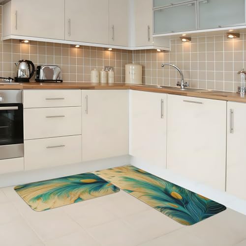 Peacock Feather Teal Blue Kitchen Rugs Mats Set of 2 Pcs Non-Slip Floor Mats Washable Runner Rugs Set for Bathroom Laundry Hallway Kichen Comfort Standing Mat - color: Peacock Feather Teal Blue