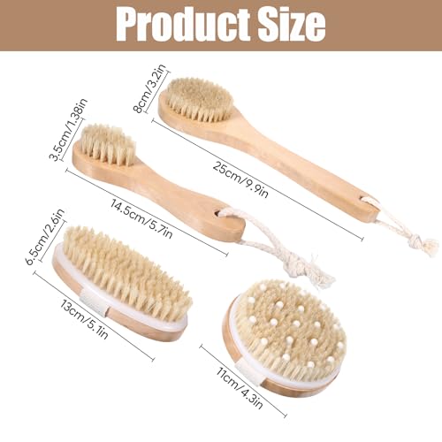 4PCS Dry Brushing Body Brush Set, Bamboo Dry Brush for Exfoliating Body Face, Boar Bristle Face Cleansing Shower Back Scrubber Brushes