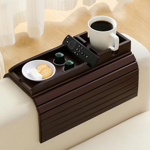 Bamboo Couch Cup Holder Arm Tray Table，Foldable Couch Drink Holder Armrest Table，Sofa Arm Rest Tray，Flexible Arm Chair Table Recliners for Drink,Cups, Snacks, Phone, Remote (Mahogany) - color: Mahogany