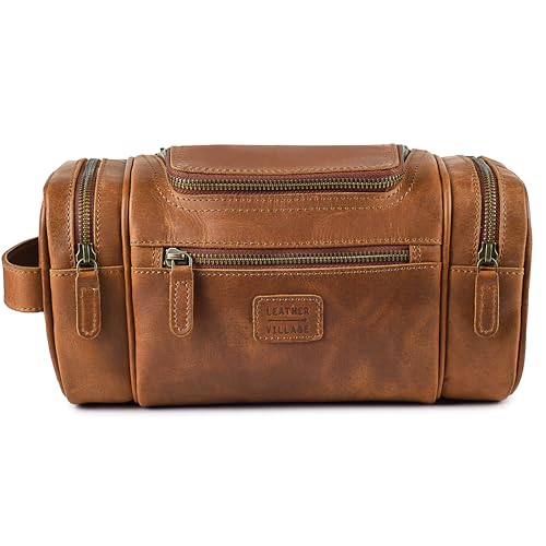 LEATHER VILLAGE Genuine Leather Travel Dopp Kit for Men & Women – Water-Resistant Large-Capacity Hanging Toiletry Bag for Travel, Grooming, Bathroom Organization, Shaving Essentials & Gym Use - Tan - color: Tan