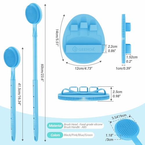 Soft Silicone Back Scrubber & Bath Glove 2PCS, 16''- 24'' Extendable Shower Scrubber with Dual-Side Head, 360° Anti-Slip & Hand-fit Silicone Body Scrubber for Rich Foaming Deep Cleaning(Blue) - color: Blue*2