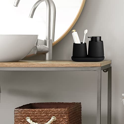 BosilunLife Ceramic Bathroom Accessories Set 3 Pcs, Foaming Soap Dispenser and Toothbrush Holder with Tray, Modern Farmhouse Vanity Decor, Black Housewarming Gift - color: Black, style: Foam