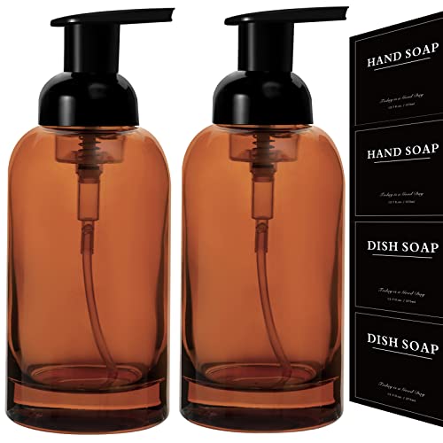 rejomiik 2 Pack Foaming Soap Dispenser Thick Glass Foam Hand Soap Dispenser for Bathroom or Kitchen Sink, 13 oz Pump Bottles for Hand soap, Body Wash, Clear Amber - color: Amber