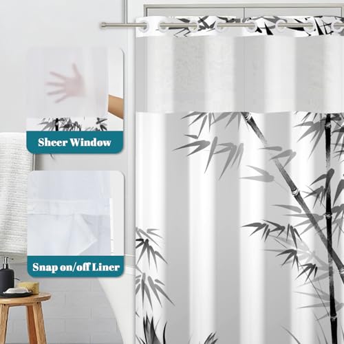 No Hook Shower Curtain and Snap in Liner Set, Black and White Ink Wash Bamboo Print Shower Curtains for Zen Minimalist Japandi Spa Bathroom, Waterproof Bath Curtain with Mesh Top, 71x74 Inch - color: Bamboo