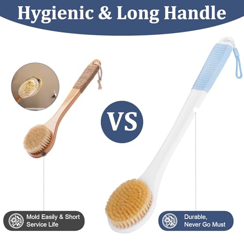Back Scrubber for Shower, Shower Body Brush for Cleaning with Long Handle for Showering, 17 Inch Back Washer Exfoliator for Shower Men Women with Non-Slip Handle, Adhesive Hook (Lake Blue) - size: Lake Blue - Boar Bristles