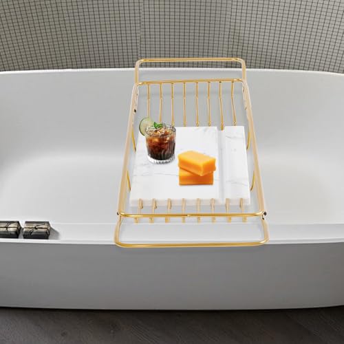 Bathtub Tray for Tub, Metal Expandable Extra Wide Bath Caddy Tray for Bathtub with Natural Marble Groove for Bath Spa (Gold Frame White Marble Base) - color: Gold Frame White Marble Base