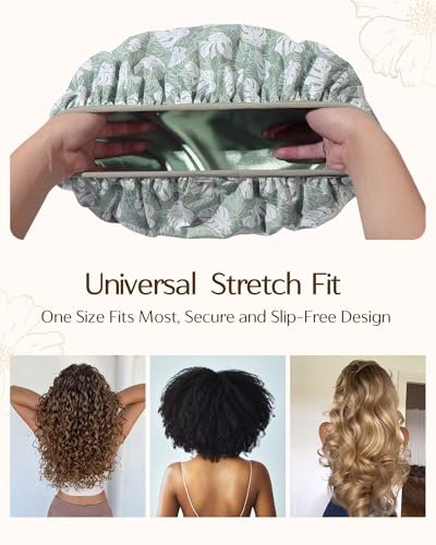 Yanibest Shower Cap for Women - Frizz Free Satin Lined Shower Cap Waterproof Large Double Layer Reusable with Soft Elastic Band for Braids Long Hair - color: Green