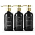 Shampoo and Conditioner Dispenser Set of 3,Refillable 21oz Shampoo Bottles with Non-Slip Protective Silicone Pad,Shower Soap Dispenser with Waterproof Labels for Bathroom (Black) - color: Black Bottles + Gold Pumps