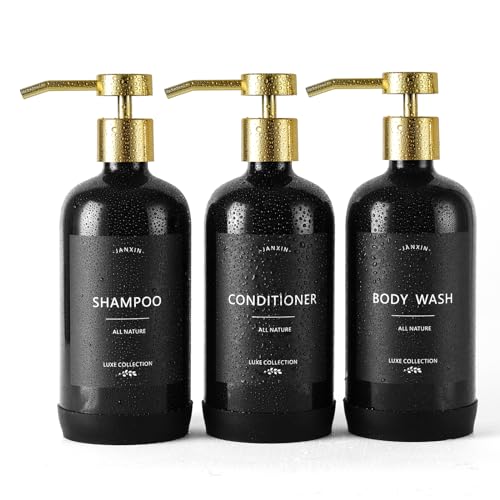 Shampoo and Conditioner Dispenser Set of 3,Refillable 21oz Shampoo Bottles with Non-Slip Protective Silicone Pad,Shower Soap Dispenser with Waterproof Labels for Bathroom (Black) - color: Black Bottles + Gold Pumps