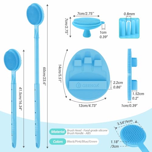 Silicone Back/Face Scrubber & Soft Bath Glove 3PCS, 16''- 24'' Extendable Shower Back Scrubber, 360° Anti-Slip & Hand-fit Silicone Body Scrubber, Manual Face Brush for All-Round Cleaning(Blue) - color: Blue*3
