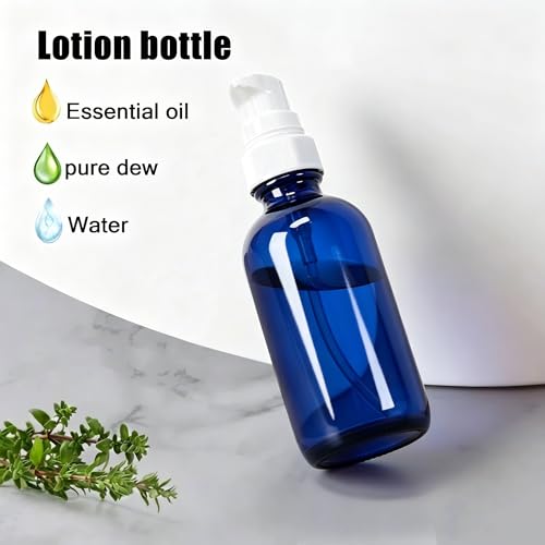 12Pack 2oz Blue Glass Pump Bottles, 60ml with White Pump, Empty Refillable Travel Small Container For Lotion Cream Essentil Oil Shampoo (2oz Blue) - size: 2oz Blue