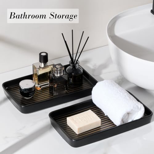 Bathroom Vanity Tray for Countertop,2PC Rectangle Striped Tray,Decorative Bathroom Organizer for Scrubber, Lotion Bottles, Perfume, Jewelry, Candle, Key Trinket Ring(Large,Black) - color: Black Color With Golden Stripes-2 Pcs Large