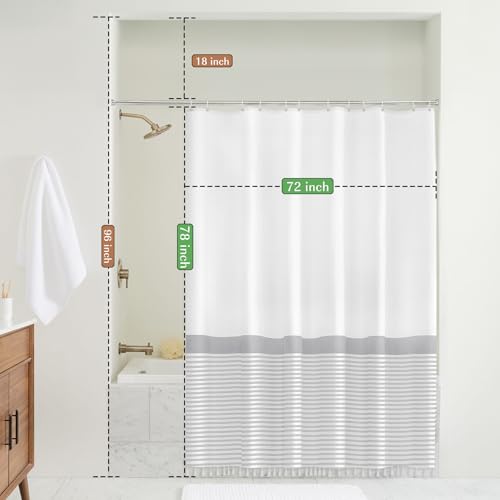 Seasonwood Tassel Fabric Shower Curtain White Gray Striped 78-Inch Bathroom Curtain Set with 4'' Fringes, Spa Hotel Heavy Weighted Bath Curtains Nordic Chic (72 x 78, White) - color: Grey and White, size: 72"W x 78"L (Pack of 1)