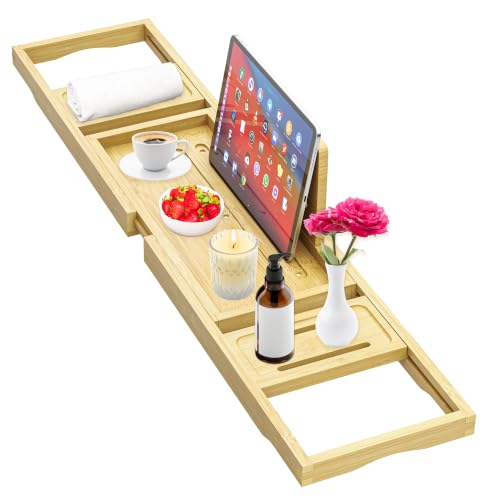 Premium Bathtub Tray - Expandable Bamboo Wooden Bath Trays for Bathub - Bath Tub Table Tray for Bathtub/Tub,Adjustable Size, Fits Most Tubs - color: Bamboo Wood Natural