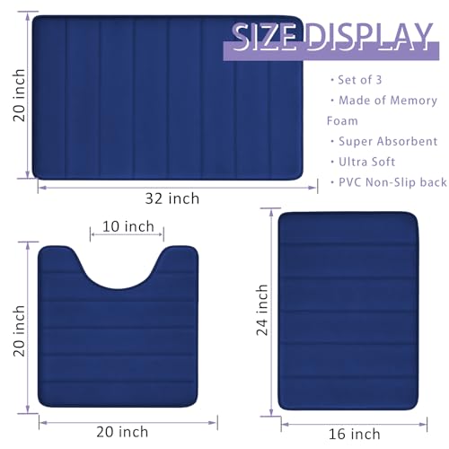RUN HELIX Memory Foam Bath Mat Rug Set 3 Piece, Ultra Soft Non Slip and Absorbent Bathroom Rug, Machine Wash Dry, Comfortable, Thick Bath Rug Carpet for Bathroom Floor, Tub and Shower, Navy - color: Royal Blue-stripe
