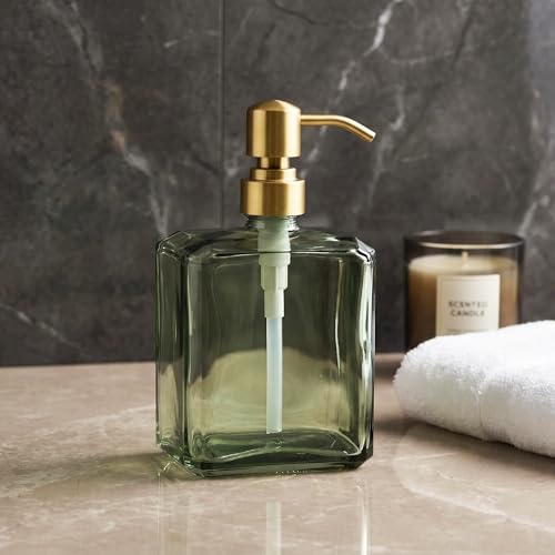 Green Glass Soap Dispenser Square 13.5 oz Hand Soap Dispenser | Rectangular, Rust Proof Stainless Steel Pump, Refillable, For Bathroom Vanity & Kitchen Countertop - color: Green Bottle and Brushed Gold Pump, size: 13.5oz-Square