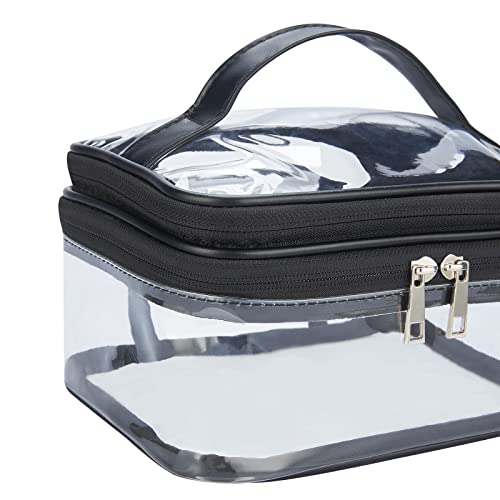 Double Layer Clear Cosmetic Bag Makeup Bag, Waterproof Travel Toiletry Bag, Transparent PVC Hair & Nail Accessories Pouch Beach Bag Organizer (Black) - color: Black
