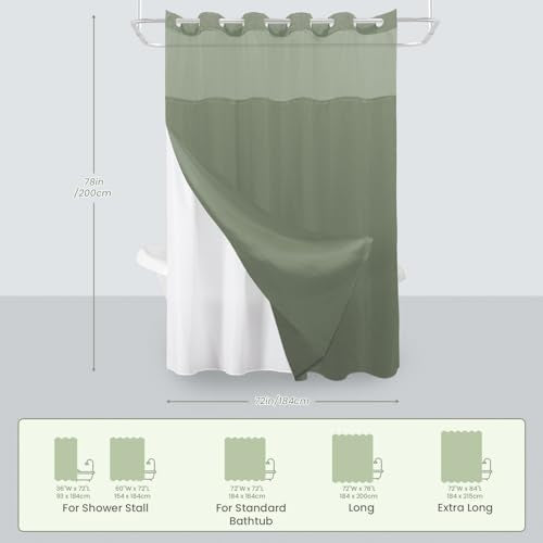 Inhousolu No Hook Shower Curtain with Snap-in Fabric Liner, Waffle Weave 230 GSM Polyester, Weighted Hem, Water Repellent Washable, Mesh Top Window 72" W x 78" L Sage Green - color: Sage Green, size: 72"W x 78"L (Pack of 1)