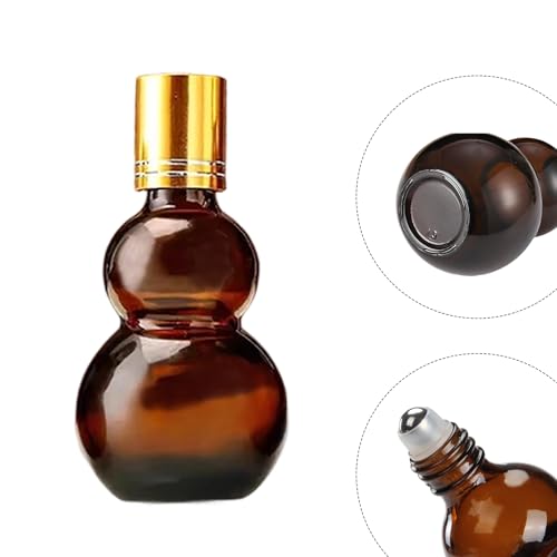 Essential Oil Roller Bottles, 50ml Amber Gourd Shaped Glass Roller Bottles with Stainless Steel Roller Ball, for Travel,Perfume (Amber-Gold Cap, 50ML) - color: Amber-Gold Cap, size: 50ML