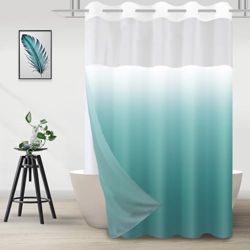No Hook Shower Curtain with Snap in Liner, Ombre Teal Shower Curtains and Liner Set, Hotel Fabric Bath Curtain for Bathroom, Mesh Top Window Waterproof Washable, 71" x 74" - color: Ombre Teal, size: 71"W x 74"L (Pack of 1)