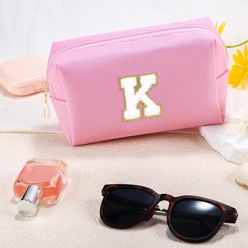 URSKYTOUS Initial Preppy Makeup Bag Travel Small Cosmetic Bag Cute Pink Personalized Preppy Makeup Pouch Zippered PU Toiletry Bag Christmas Birthday Gifts for Women Mom Teacher Friends(K) - color: Pink, size: K