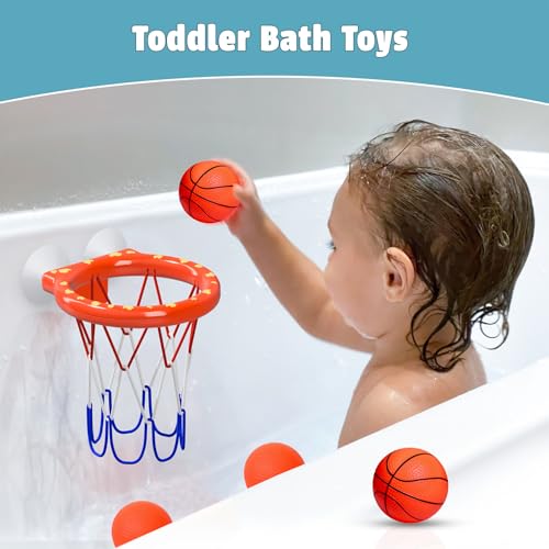 MARPPY Bath Toys – Bathtub Basketball Hoop for Toddlers and Kids, Bath Toy Shower Toy with 4 No-Hole Balls and Suction Cups Basketball Hoop Bath, Tub Toys for Kids and Toddlers - color: Orange 4 Balls (2 Stripes, 2 Without Stripes)