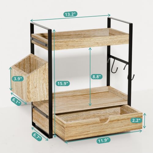 Kottwca 2-Tier Bathroom Counter Organizer with Drawer, Basket & Hooks, Wooden Vanity Shelf for Skincare, Perfume & Makeup Storage(Light Brown) - color: Light Brown