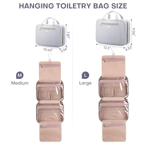 Hanging Toiletry Bag for Women Travel, 2 Sizes Large & Small Waterproof Cosmetic Organizer with 4 Compartments, Rotating Hook, Foldable Pink Travel Bag for Toiletries & Makeup - Medium Grey - color: Grey, size: Medium