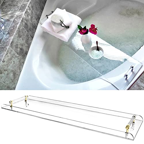 Acrylic Bathtub Tray Caddy, Clear Bath Shelf Tub Rack with Golden Handle, Luxury Bathtub Organizer Tablet Holder for Bathrooms, Toilets, Bedrooms