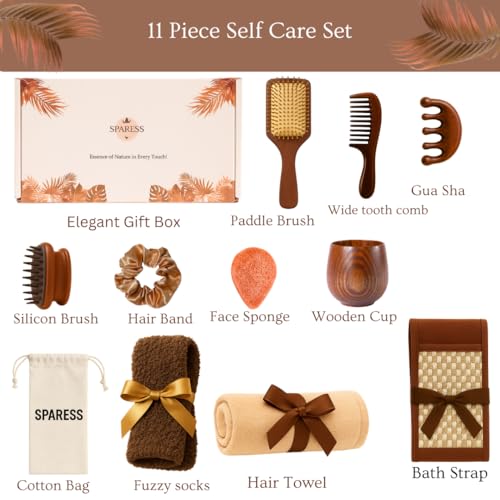 Eco Friendly Natural Spa Set for Women Gift Box with Wooden Comb Set, Bath Strap, Gua Sha, Facial Sponge, Self Care Kit Birthday, Mothers Day, Wellness, Relaxation Kit