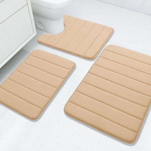 Buganda Memory Foam 3 Pieces Bathroom Rugs Set - Thick Soft Absorbent Bath Mats, Washable Small/Large/Contour Bath Rugs (24" x 16" + 30" x 20" + 24" x 20", Camel) - color: Camel, size: 24" X 16" + 30" X 20" + 24" X 20"