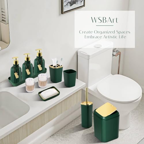 17PCS Bathroom Accessories Set, Dark Green Bathroom Set Bathroom Accessories Set with Trash Can, Toilet Brush, Toothbrush Holder, Qtip Holder & 3PCS Soap Dispenser - size: Bath Set with Press-Top Trash Can, style: Dark Green